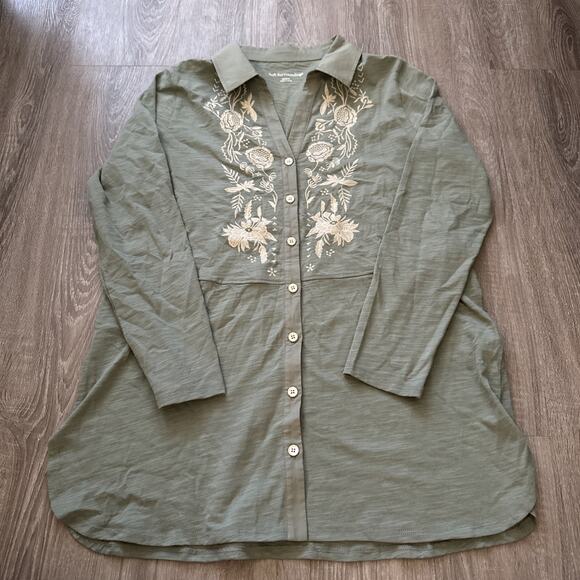 Soft Surroundings Spring Thaw Button Down Embroidered Tunic Shirt, Soft Olive M - Picture 2 of 10